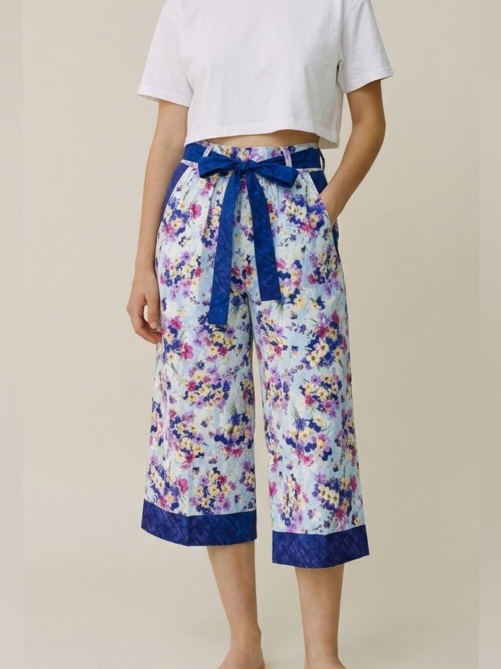 Dee’s Designs High Waist Wide Leg Capris Floral Violets Cottagecore Handmade